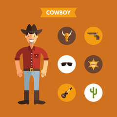 Flat Design Vector Illustration of Cowboy with Icon Set. Infographic Design Elements