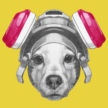 Portrait of Jack Russell Terrier Dog with gas mask. Hand drawn illustration.
