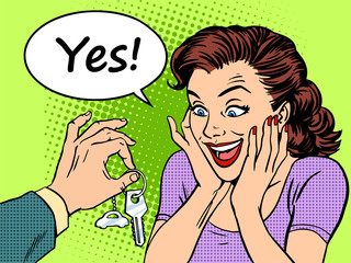 Buying car woman reaction joy keys gift