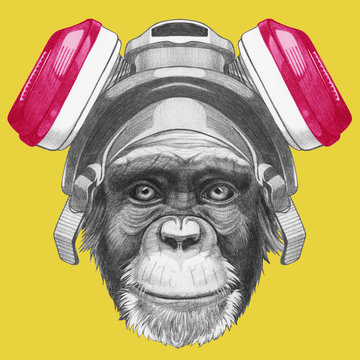 Portrait of Monkey with gas mask. Hand drawn illustration.