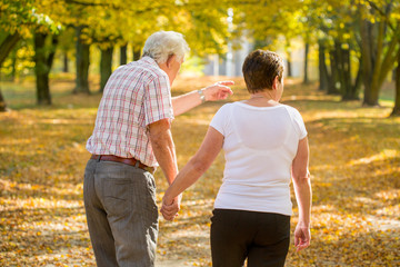 Naklejka na ściany i meble Elderly marriage strolling in park