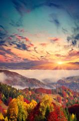 Fototapeta na wymiar Colorful autumn sunset in the foggy mountains.