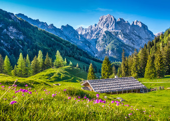 Idyllic landscape in the Alps with traditional mountain lodge at sunset