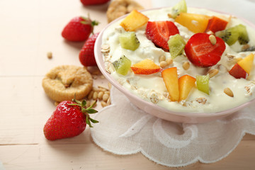 Healthy breakfast with homemade oatmeal, close up