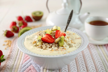 Healthy breakfast with homemade oatmeal, close up