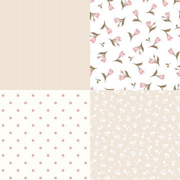 Set of seamless floral and geometric pink and beige patterns.