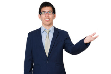 Asian business man in suit presenting
