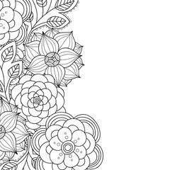 Flolar decorative element border. Hand-drawn black and white flowers doodle.