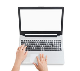 female hands using laptop. businesswoman using touchpad on white