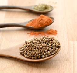 Dry spices in spoons and green herbs on the wooden table (close up)