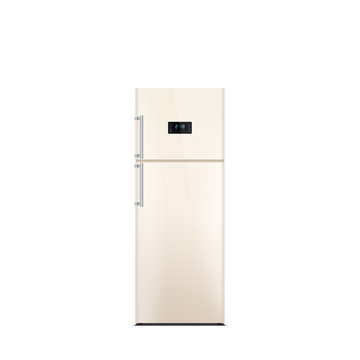 Shiny beige refrigerator isolated on white. Glossy finish. Fridge freezer. The external LED display, with blue glow. Satin chrome handles. Top freezer.