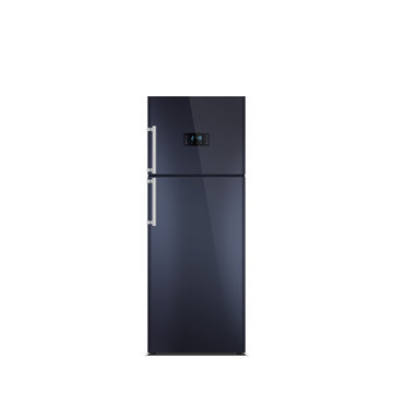 Shiny black refrigerator isolated on white. Glossy finish. Fridge freezer. The external LED display, with blue glow. Satin chrome handles. Top freezer.