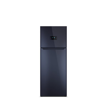 Shiny black refrigerator isolated on white. Glossy finish. Fridge freezer. The external LED display, with blue glow. Top freezer.