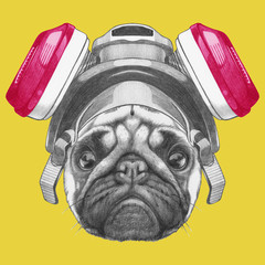 Portrait of Pug Dog with gas mask. Hand drawn illustration.