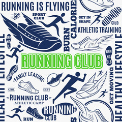 Typographic vector running club seamless pattern or background