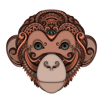 Vector Ornate Brown Monkey Head with Green Eyes