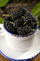 Ripe mulberries in mug with green leaves on table close up