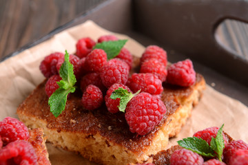 Fresh pie with raspberry in tray, closeup