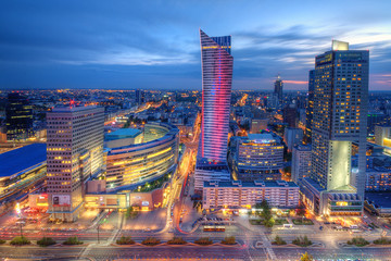 Warszawa wieczorna panorama miasta - obrazy, fototapety, plakaty