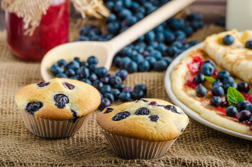 Blueberry muffins and pancakes