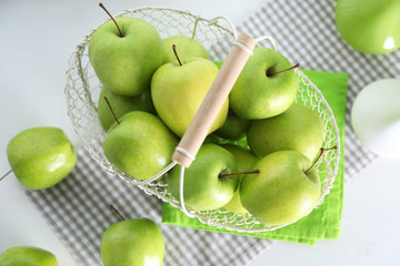 Green apples on windowsill, closeup