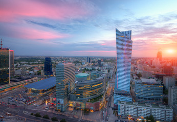 Panorama Warszawy o zachodzie słońca