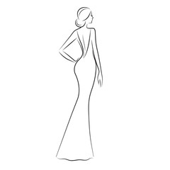 Fashion model sketch. Silhouette of beautiful woman in outline style vector illustration.