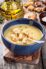 homemade zucchini cream soup with croutons