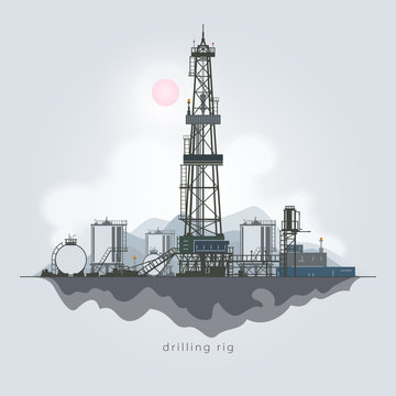 Drilling Rig in the Background of Mountains, Oil Rig, Oil Well Drilling, Oil or Natural Gas Drilling Rigs with Outbuildings and Tanks and Cisterns , Vector Illustration