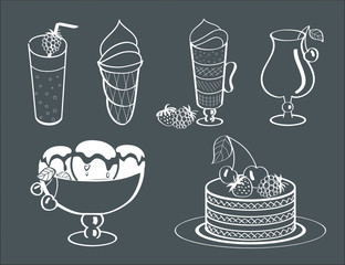 Desserts: ice cream, cake, cocktail, cappuccino, drinks