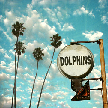 aged and worn vintage photo of dolphin sign with arrow