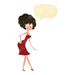cartoon woman posing in dress with speech bubble