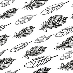 Seamless pattern. Hand drawn bird black feathers.