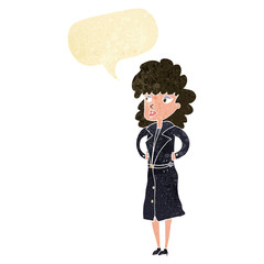 cartoon woman in trench coat with speech bubble