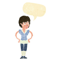 cartoon tough woman with hands on hips with speech bubble