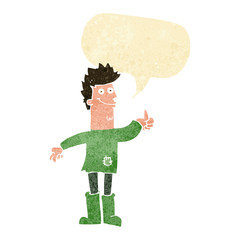 cartoon positive thinking man in rags with speech bubble