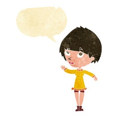 cartoon woman waving with speech bubble