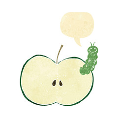 cartoon bug eating apple with speech bubble