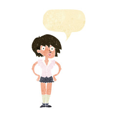 cartoon surprised woman with hands on hips with speech bubble