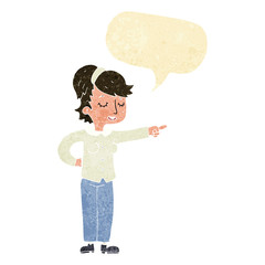 cartoon friendly woman pointing with speech bubble