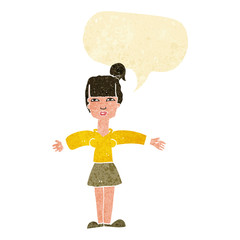 cartoon woman shrugging shoulders with speech bubble