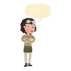 cartoon woman with crossed arms and safety goggles with speech b