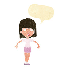 cartoon woman shrugging shoulders with speech bubble