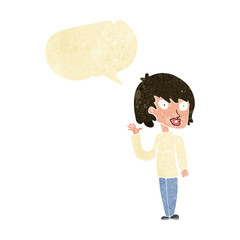 cartoon waving woman with speech bubble