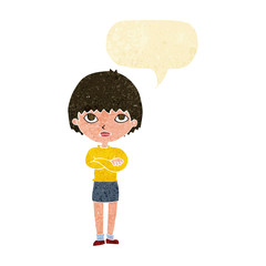 cartoon woman with crossed arms with speech bubble