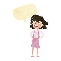 cartoon woman in dungarees with speech bubble