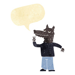 cartoon happy wolf man with speech bubble