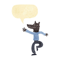 cartoon happy wolf man with speech bubble