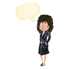 cartoon woman in trench coat with speech bubble