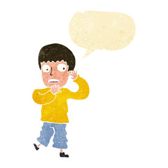 cartoon frightened boy with speech bubble